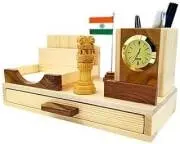 Vishwakarma-Handi-Crafts-Pencil-Holders-Wooden-Pen-Stand-With-Clock-Flag-Ashok-P